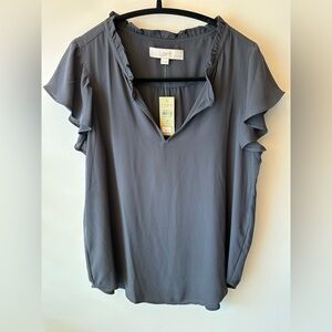 NWT LOFT Petites Gray Ruffle Sleeve Top